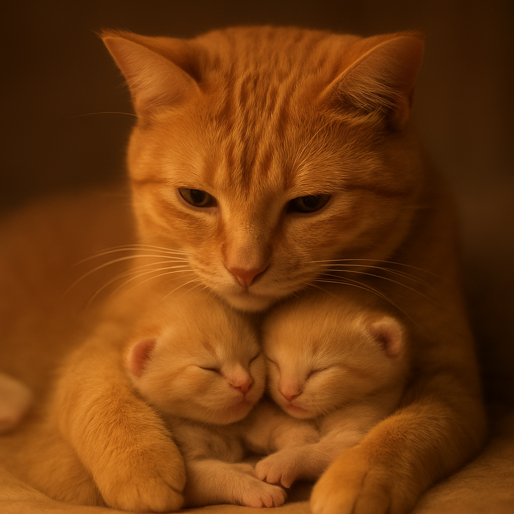 A mother cat protecting her tiny kittens
